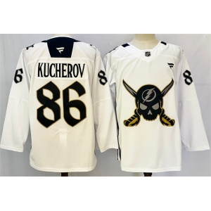 Men's Tampa Bay Lightning #86 Nikita Kucherov 2024-25 White Gasparilla Inspired Pirate-Themed Warmup Stitched Jersey