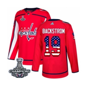 Men Adidas Washington Capitals #19 Nicklas Backstrom Authentic Red USA Flag Fashion 2018 Stanley Cup Final Champions NHL Jersey