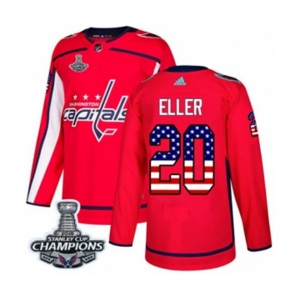 Men Adidas Washington Capitals #20 Lars Eller Authentic Red USA Flag Fashion 2018 Stanley Cup Final Champions NHL Jersey