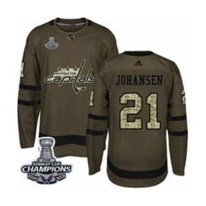 Men Adidas Washington Capitals #21 Lucas Johansen Authentic Green Salute to Service 2018 Stanley Cup Final Champions NHL Jersey