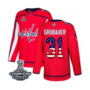 Men Adidas Washington Capitals #31 Philipp Grubauer Authentic Red USA Flag Fashion 2018 Stanley Cup Final Champions NHL Jersey