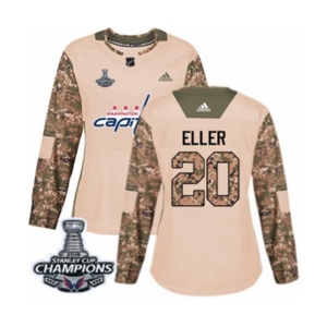 Women Adidas Washington Capitals #20 Lars Eller Authentic Camo Veterans Day Practice 2018 Stanley Cup Final Champions NHL Jersey