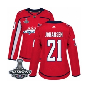 Women Adidas Washington Capitals #21 Lucas Johansen Authentic Red Home 2018 Stanley Cup Final Champions NHL Jersey