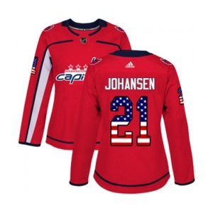 Women Adidas Washington Capitals #21 Lucas Johansen Authentic Red USA Flag Fashion NHL Jersey