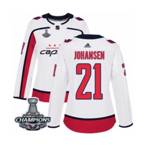 Women Adidas Washington Capitals #21 Lucas Johansen Authentic White Away 2018 Stanley Cup Final Champions NHL Jersey