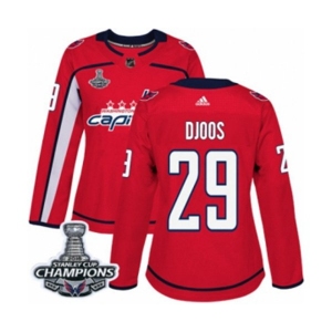 Women Adidas Washington Capitals #29 Christian Djoos Authentic Red Home 2018 Stanley Cup Final Champions NHL Jersey