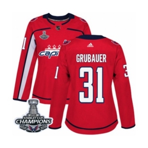Women Adidas Washington Capitals #31 Philipp Grubauer Authentic Red Home 2018 Stanley Cup Final Champions NHL Jersey