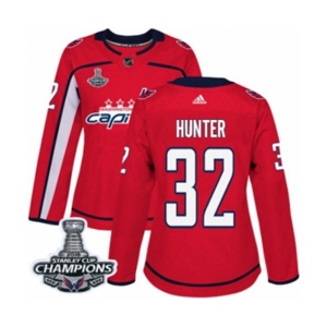 Women Adidas Washington Capitals #32 Dale Hunter Authentic Red Home 2018 Stanley Cup Final Champions NHL Jersey
