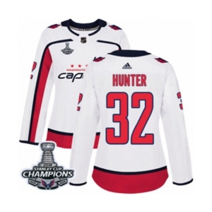 Women Adidas Washington Capitals #32 Dale Hunter Authentic White Away 2018 Stanley Cup Final Champions NHL Jersey
