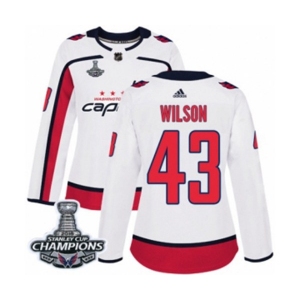 Women Adidas Washington Capitals #43 Tom Wilson Authentic White Away 2018 Stanley Cup Final Champions NHL Jersey