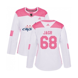 Women Adidas Washington Capitals #68 Jaromir Jagr Authentic White Pink Fashion NHL Jersey