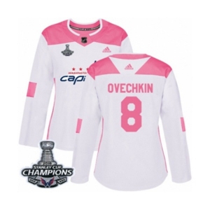 Women Adidas Washington Capitals #8 Alex Ovechkin Authentic White Pink Fashion 2018 Stanley Cup Final Champions NHL Jersey