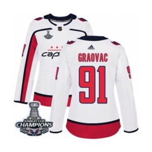 Women Adidas Washington Capitals #91 Tyler Graovac Authentic White Away 2018 Stanley Cup Final Champions NHL Jersey
