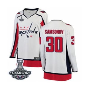 Women Washington Capitals #30 Ilya Samsonov Fanatics Branded White Away Breakaway 2018 Stanley Cup Final Champions NHL Jersey