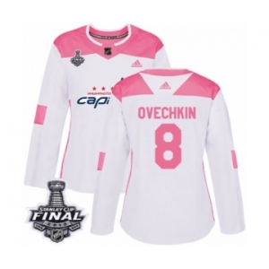 Women's Adidas Washington Capitals #8 Alex Ovechkin Authentic White Pink Fashion 2018 Stanley Cup Final NHL Jersey