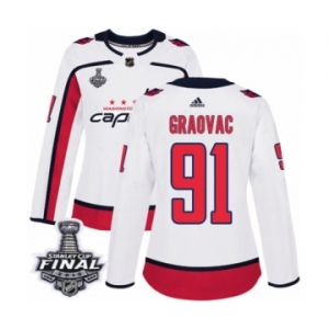 Women's Adidas Washington Capitals #91 Tyler Graovac Authentic White Away 2018 Stanley Cup Final NHL Jersey
