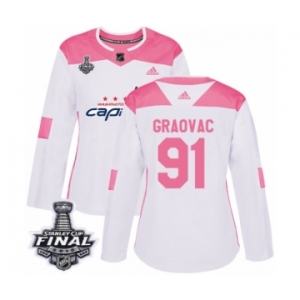Women's Adidas Washington Capitals #91 Tyler Graovac Authentic White Pink Fashion 2018 Stanley Cup Final NHL Jersey