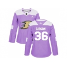 Women Adidas Anaheim Ducks #36 John Gibson Purple Authentic Fights Cancer Stitched NHL Jersey