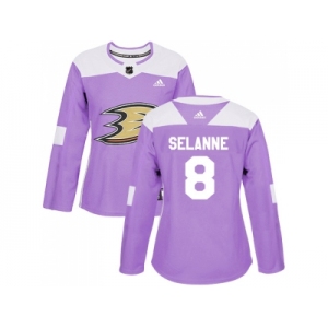 Women Adidas Anaheim Ducks #8 Teemu Selanne Purple Authentic Fights Cancer Stitched NHL Jersey