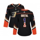 Women Anaheim Ducks #1 Lukas Dostal Authentic Black USA Flag Fashion Hockey Jersey