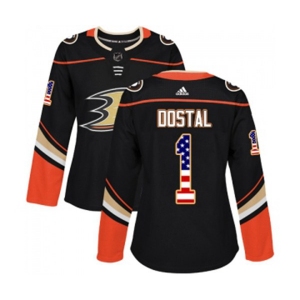 Women Anaheim Ducks #1 Lukas Dostal Authentic Black USA Flag Fashion Hockey Jersey