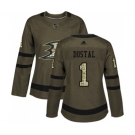 Women Anaheim Ducks #1 Lukas Dostal Authentic Green Salute to Service Hockey Jersey