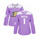 Women Anaheim Ducks #1 Lukas Dostal Authentic Purple Fights Cancer Practice Hockey Jersey