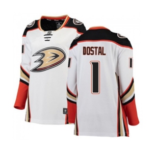 Women Anaheim Ducks #1 Lukas Dostal Authentic White Away Fanatics Branded Breakaway Hockey Jersey