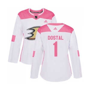 Women Anaheim Ducks #1 Lukas Dostal Authentic White Pink Fashion Hockey Jersey