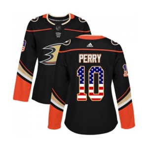 Women Anaheim Ducks #10 Corey Perry Authentic Black USA Flag Fashion Hockey Jersey