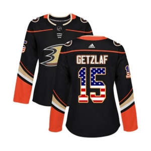 Women Anaheim Ducks #15 Ryan Getzlaf Authentic Black USA Flag Fashion Hockey Jersey