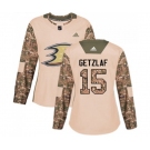 Women Anaheim Ducks #15 Ryan Getzlaf Authentic Camo Veterans Day Practice Hockey Jersey