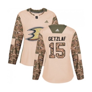 Women Anaheim Ducks #15 Ryan Getzlaf Authentic Camo Veterans Day Practice Hockey Jersey