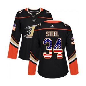 Women Anaheim Ducks #34 Sam Steel Authentic Black USA Flag Fashion Hockey Jersey