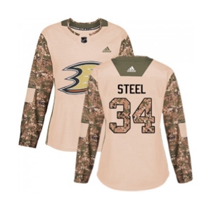 Women Anaheim Ducks #34 Sam Steel Authentic Camo Veterans Day Practice Hockey Jersey