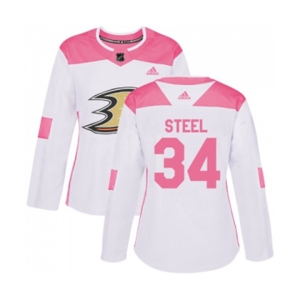 Women Anaheim Ducks #34 Sam Steel Authentic White Pink Fashion Hockey Jersey