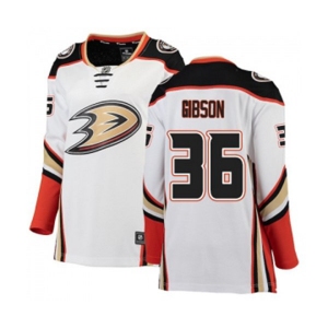 Women Anaheim Ducks #36 John Gibson Authentic White Away Fanatics Branded Breakaway Hockey Jersey