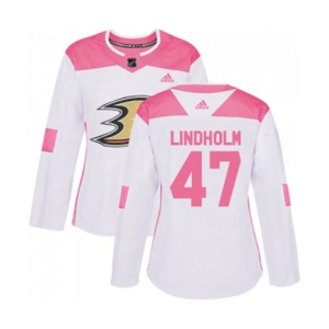 Women Anaheim Ducks #47 Hampus Lindholm Authentic White Pink Fashion Hockey Jersey