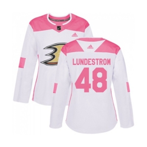 Women Anaheim Ducks #48 Isac Lundestrom Authentic White Pink Fashion Hockey Jersey