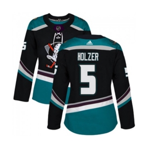 Women Anaheim Ducks #5 Korbinian Holzer Authentic Black Teal Alternate Hockey Jersey