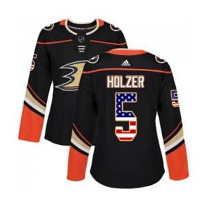 Women Anaheim Ducks #5 Korbinian Holzer Authentic Black USA Flag Fashion Hockey Jersey