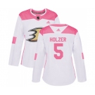 Women Anaheim Ducks #5 Korbinian Holzer Authentic White Pink Fashion Hockey Jersey