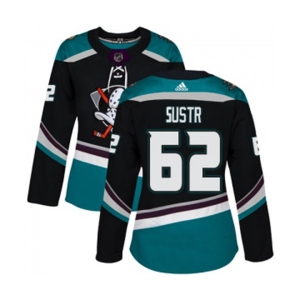 Women Anaheim Ducks #62 Andrej Sustr Authentic Black Teal Alternate Hockey Jersey