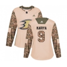 Women Anaheim Ducks #9 Paul Kariya Authentic Camo Veterans Day Practice Hockey Jersey