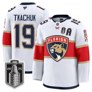 Men's Florida Panthers #19 Matthew Tkachuk White 2025 Stanley Cup Final Premium Stitched NHL Hockey Jersey