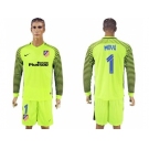 Atletico Madrid #1 Moya Shiny Green Goalkeeper Long Sleeves Soccer Club Jersey