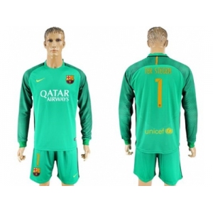 Barcelona #1 Ter Stegen Green Goalkeeper Long Sleeves Soccer Club Jersey