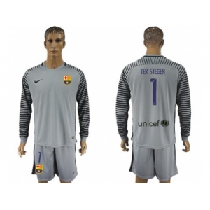 Barcelona #1 Ter Stegen Grey Goalkeeper Long Sleeves Soccer Club Jersey
