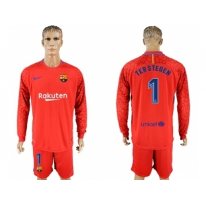 Barcelona #1 Ter Stegen Red Goalkeeper Long Sleeves Soccer Club Jersey