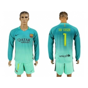 Barcelona #1 Ter Stegen Sec Away Long Sleeves Soccer Club Jersey